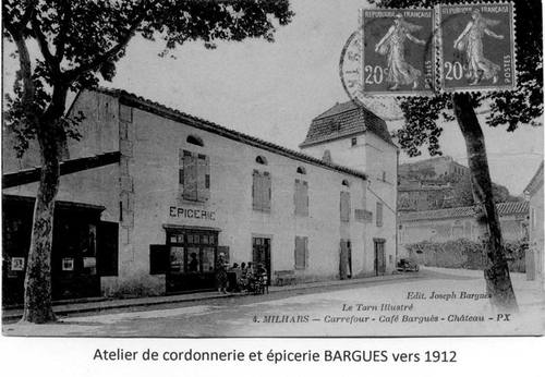Atelier de cordonnerie et épicerie Bargues, vers 1912