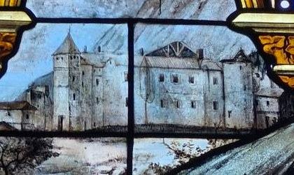 Vitrail représentant le château de Milhars, détail